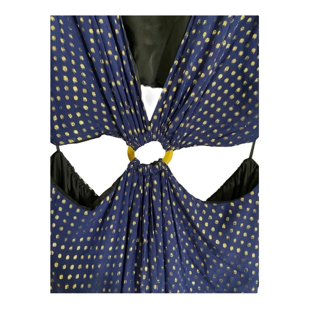 DELFI Cerise Gown Maxi Dress Waist Cutout in Blue Gold Silk Chiffon Size Large - Picture 8 of 13